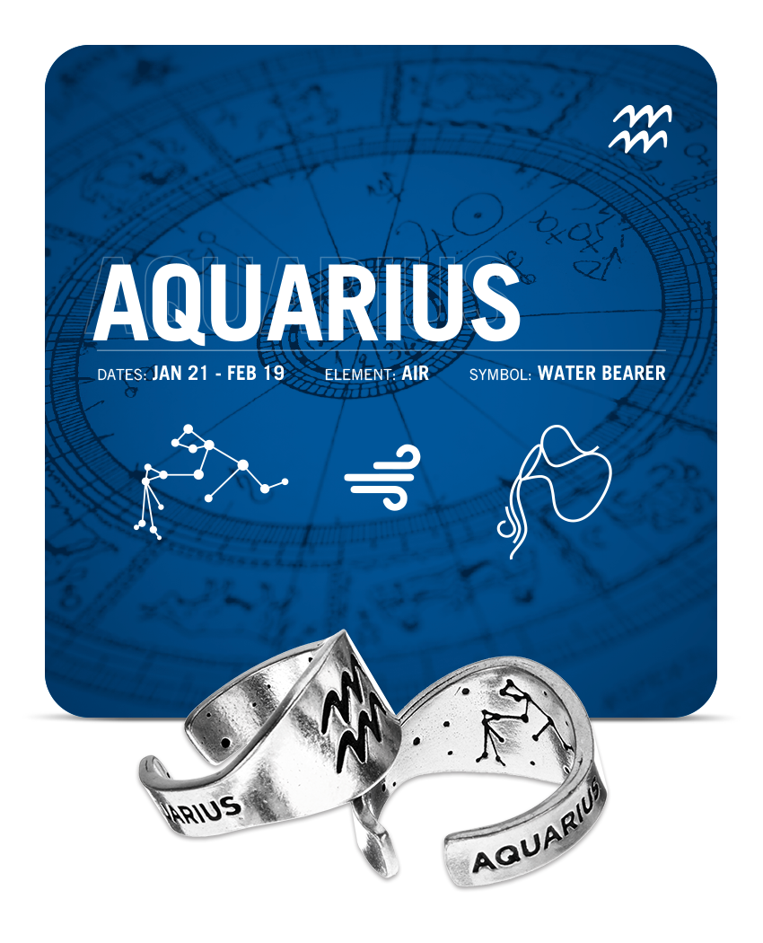 Aquarius Ring Silver Adjustable Zodiac Sign Ring - Eleganzia Jewelry
